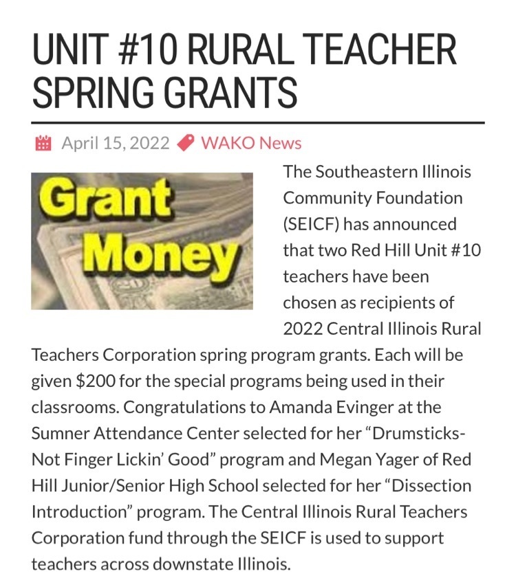 Red Hill CUSD #10 Teachers Win Rural Teachers Grants | Red Hill CUSD 10